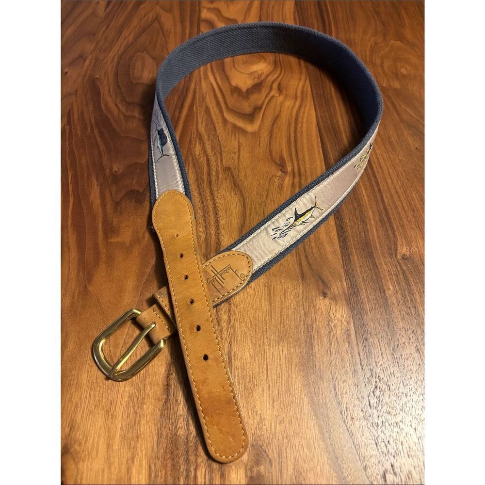 Guy Harvey Fish Canvas Belt with Leather Trim - Swordfish Motif -Navy/Beige - 34